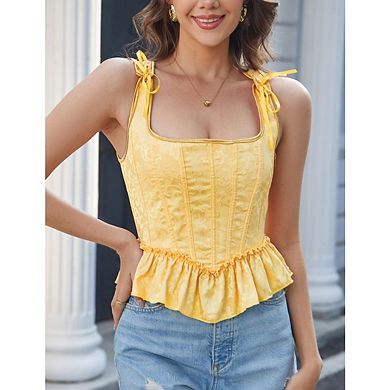 Women's Square Neck Jacquard Corset Top Ruffle Hem Back Lace-Up Bustier Top