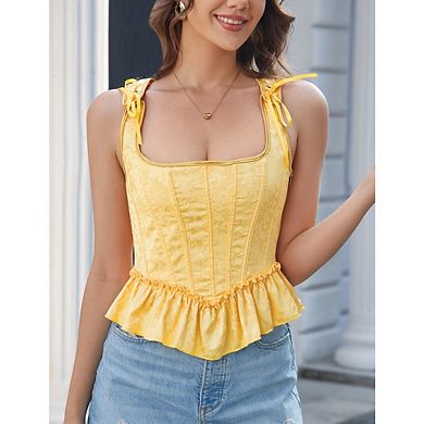 Women's Square Neck Jacquard Corset Top Ruffle Hem Back Lace-Up Bustier Top
