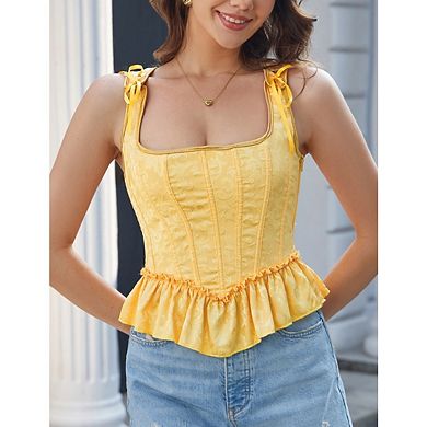 Women's Square Neck Jacquard Corset Top Ruffle Hem Back Lace-Up Bustier Top