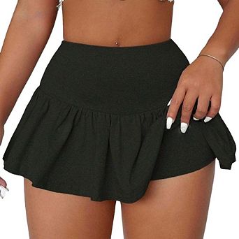 Women's High-Waist Skater Skirt Stretchy A-Line with Built-in Shorts for Casual Streetwear