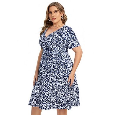 Women Plus Size Comfortable Flattering Fit Dress Drawstring Short Sleeve Dress