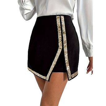 Women's Sparkly Rhinestone Trim Skorts High-Waisted Split Side Skirt Shorts