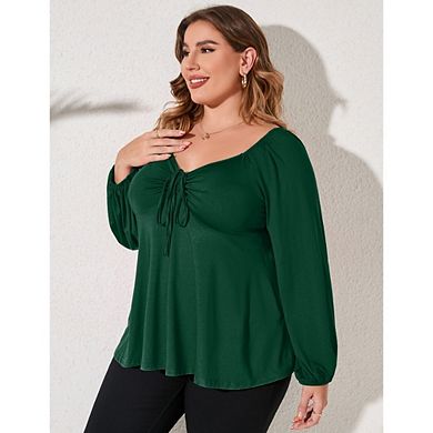 Womens Plus Size Blouses Long Sleeve Sweetheart Neck Tie Front Ruffle Peplum Smocked Elegant Tops