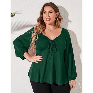 Womens Plus Size Blouses Long Sleeve Sweetheart Neck Tie Front Ruffle Peplum Smocked Elegant Tops
