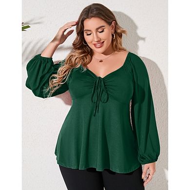 Womens Plus Size Blouses Long Sleeve Sweetheart Neck Tie Front Ruffle Peplum Smocked Elegant Tops