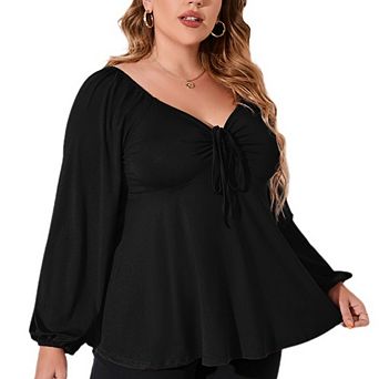 Womens Plus Size Blouses Long Sleeve Sweetheart Neck Tie Front Ruffle Peplum Smocked Elegant Tops