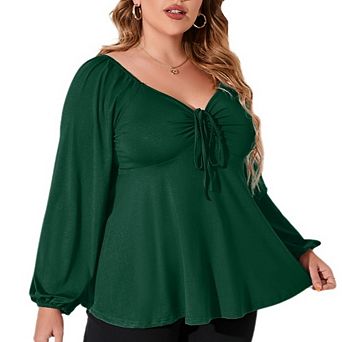Womens Plus Size Blouses Long Sleeve Sweetheart Neck Tie Front Ruffle Peplum Smocked Elegant Tops