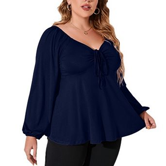 Womens Plus Size Blouses Long Sleeve Sweetheart Neck Tie Front Ruffle Peplum Smocked Elegant Tops