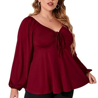Womens Plus Size Blouses Long Sleeve Sweetheart Neck Tie Front Ruffle Peplum Smocked Elegant Tops