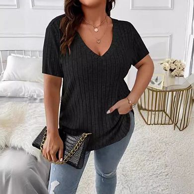 Women's Plus Size Ribbed Knit Henley Top Short Sleeve Button Front Casual Lightweight Sweater Blouse