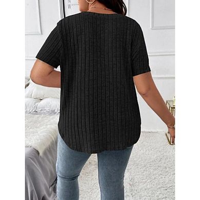 Women's Plus Size Ribbed Knit Henley Top Short Sleeve Button Front Casual Lightweight Sweater Blouse