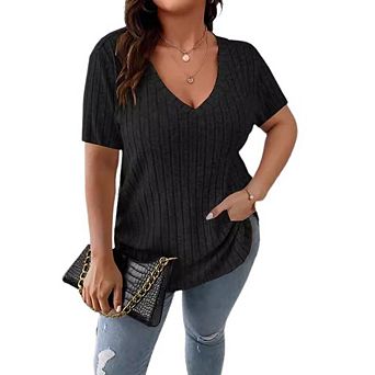 Women's Plus Size Ribbed Knit Henley Top Short Sleeve Button Front Casual Lightweight Sweater Blouse