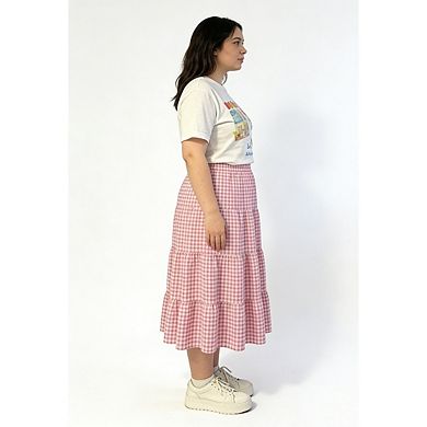 Womens Plus Size Midi Long Skirt Patchwork Plaid Tiered Ruffle Hem Casual Summer Vacation Outfits