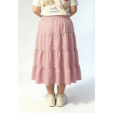 Womens Plus Size Midi Long Skirt Patchwork Plaid Tiered Ruffle Hem Casual Summer Vacation Outfits