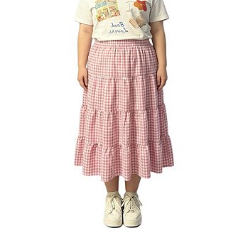 Womens Plus Size Midi Long Skirt Patchwork Plaid Tiered Ruffle Hem Casual Summer Vacation Outfits