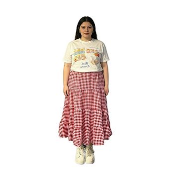 Womens Plus Size Midi Long Skirt Patchwork Plaid Tiered Ruffle Hem Casual Summer Vacation Outfits
