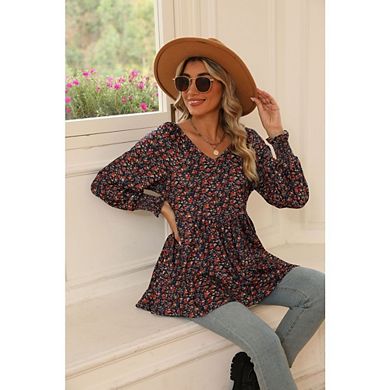 Women's Floral V Neck Peplum Blouse Long Sleeve Ruffle Hem Tunic Top