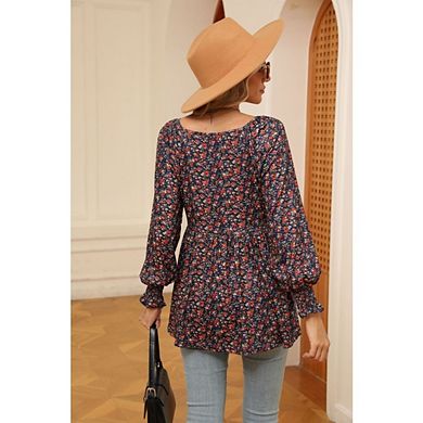 Women's Floral V Neck Peplum Blouse Long Sleeve Ruffle Hem Tunic Top
