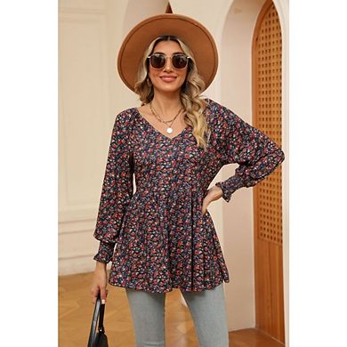 Women's Floral V Neck Peplum Blouse Long Sleeve Ruffle Hem Tunic Top