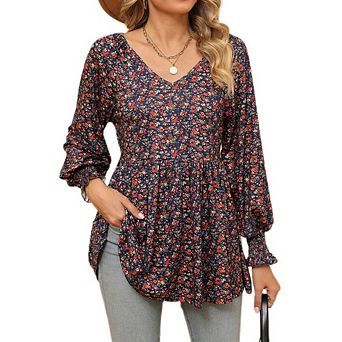 Women's Floral V Neck Peplum Blouse Long Sleeve Ruffle Hem Tunic Top