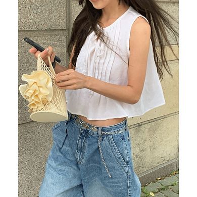 Women's Pleated Babydoll Top Sleeveless Bow Front Tie Coquette Style Summer Shirt