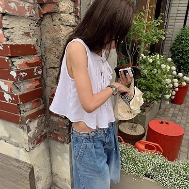 Women's Pleated Babydoll Top Sleeveless Bow Front Tie Coquette Style Summer Shirt