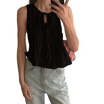 Women's Pleated Babydoll Top Sleeveless Bow Front Tie Coquette Style Summer Shirt