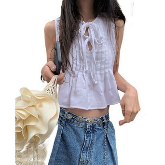 Women's Pleated Babydoll Top Sleeveless Bow Front Tie Coquette Style Summer Shirt