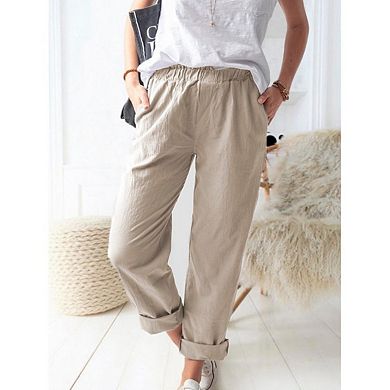 Women's Straight-Leg Casual Pants with Elastic Waist & Pockets