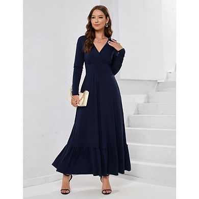 Women Long Sleeve Loose Plain Long Maxi Casual Dress Deep V Neck With Pockets