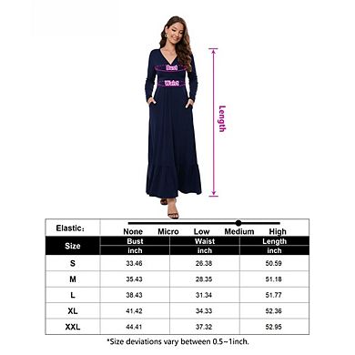 Women Long Sleeve Loose Plain Long Maxi Casual Dress Deep V Neck With Pockets