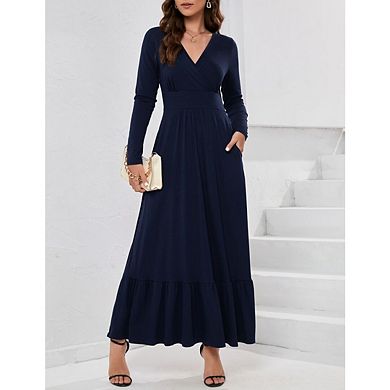 Women Long Sleeve Loose Plain Long Maxi Casual Dress Deep V Neck With Pockets