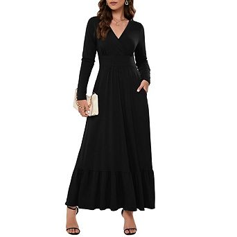 Women Long Sleeve Loose Plain Long Maxi Casual Dress Deep V Neck With Pockets