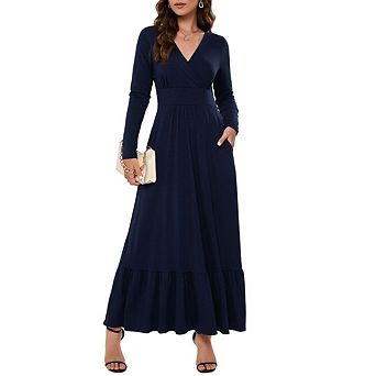 Women Long Sleeve Loose Plain Long Maxi Casual Dress Deep V Neck With Pockets