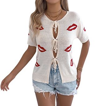 Women's Summer Lip Jacquard Knit Top V Neck Short Sleeve Tie Front Valentine Casual Shirt