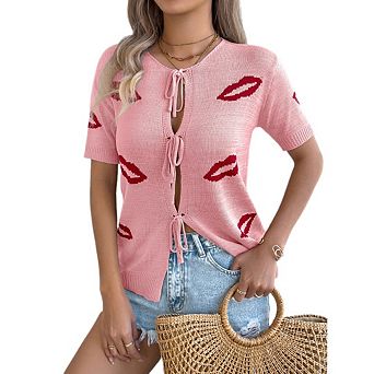 Women's Summer Lip Jacquard Knit Top V Neck Short Sleeve Tie Front Valentine Casual Shirt