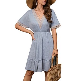 Women's A Line Midi Dresses Summer Dress Hollow Out Lace V Neck Short Sleeve Dress