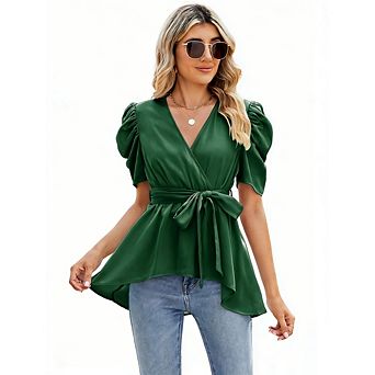 Women's V Neck Puff Short Sleeve Top Elegant Tie Waist Asymmetric Hem Summer Blouse
