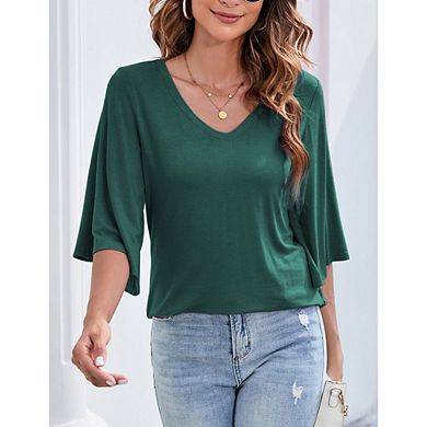 Womens Causal 3/4 Sleeve Blouse V-Neck Soft Loose Fit Shirt