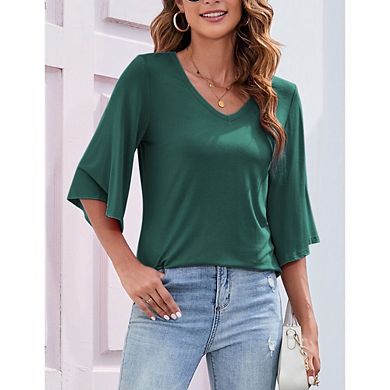 Womens Causal 3/4 Sleeve Blouse V-Neck Soft Loose Fit Shirt