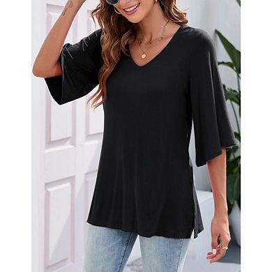 Womens Causal 3/4 Sleeve Blouse V-Neck Soft Loose Fit Shirt