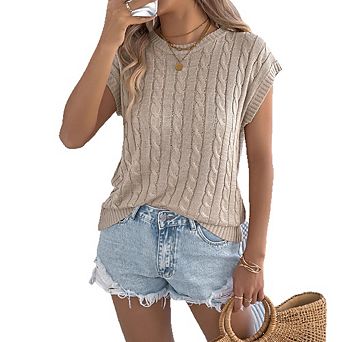 Women's Cable Knit Short Sleeve Sweater Crew Neck Casual Knit Top for Daily Wear