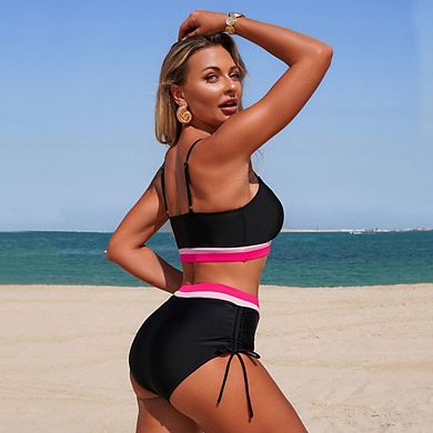 Women's Color Block High Waisted Bikini Set Drawstring Side Two Piece Swimsuit for Beach Vacation