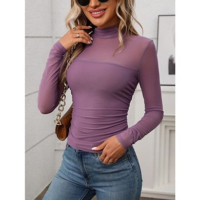 Womens Mesh Sheer Blouses Casual Long Sleeve Mock Neck See Though Shirts
