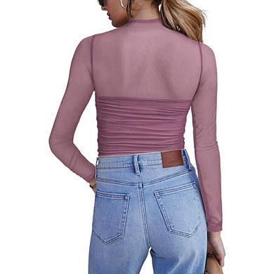 Womens Mesh Sheer Blouses Casual Long Sleeve Mock Neck See Though Shirts