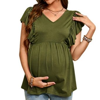 Womens Maternity Short Sleeve Blouse Casual V Neck Ruffle Tops for Baby Shower
