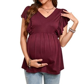 Womens Maternity Short Sleeve Blouse Casual V Neck Ruffle Tops for Baby Shower