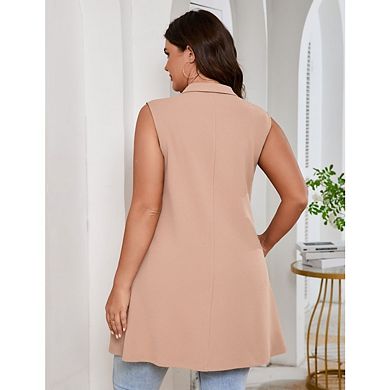 Women's Plus Size Sleeveless Blazer Vest Single Button Casual Work Office Jacket Vests with Pockets