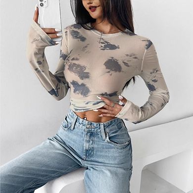 Women's Y2K Floral Mesh Crop Top Long Sleeve Sheer Casual Party Blouse