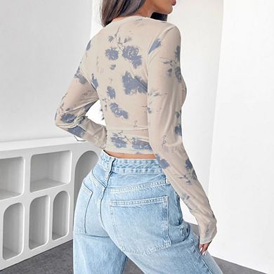Women's Y2K Floral Mesh Crop Top Long Sleeve Sheer Casual Party Blouse